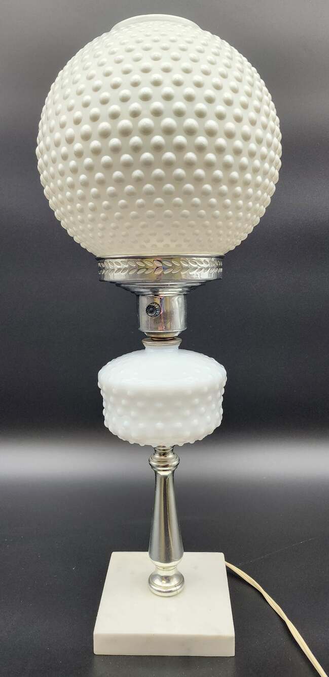Vintage Hobnail Milk Glass Parlor Lamp Marble Base 20" Working LED Bulb